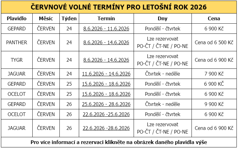 Nabídka termínů - červen Pronájem hausbótů na Baťově kanále